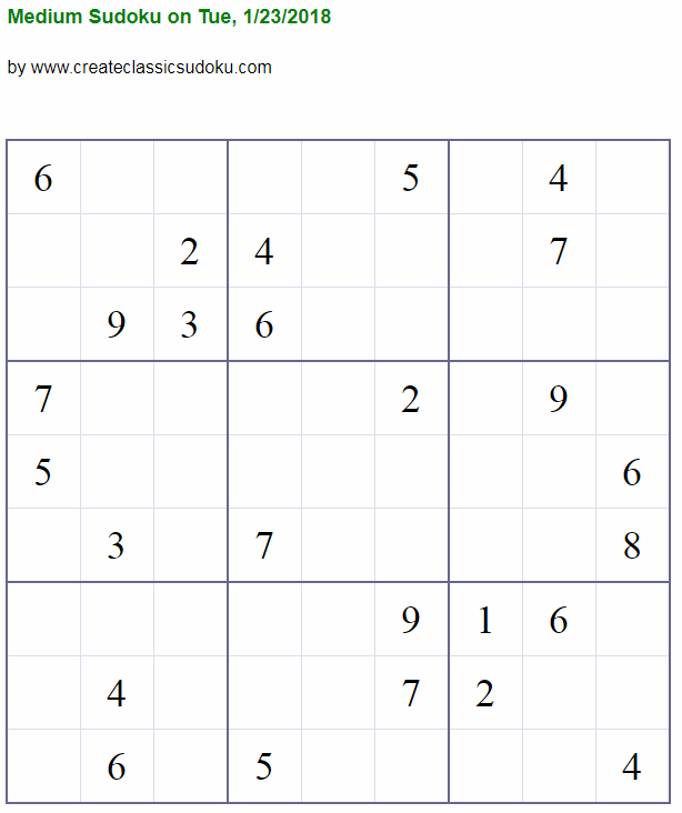 Medium Difficulty Level Sudoku Puzzle
