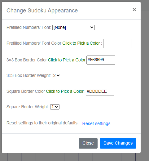 Change Sudoku Appearance Dialogue