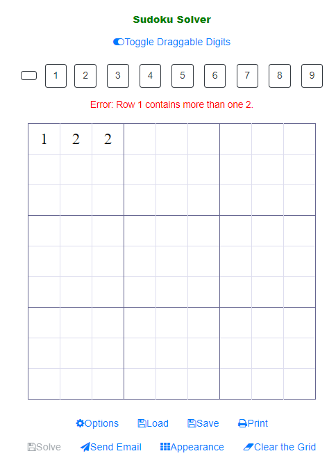 Hint shows up when you place a number in the Sudoku Grid