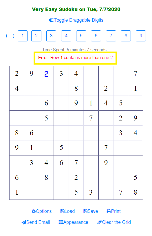 Hint show up when you place a number in the Sudoku Grid