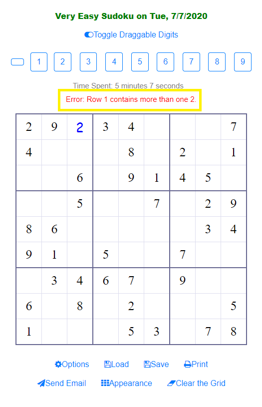 Hint shows up when you place a number in the Sudoku Grid